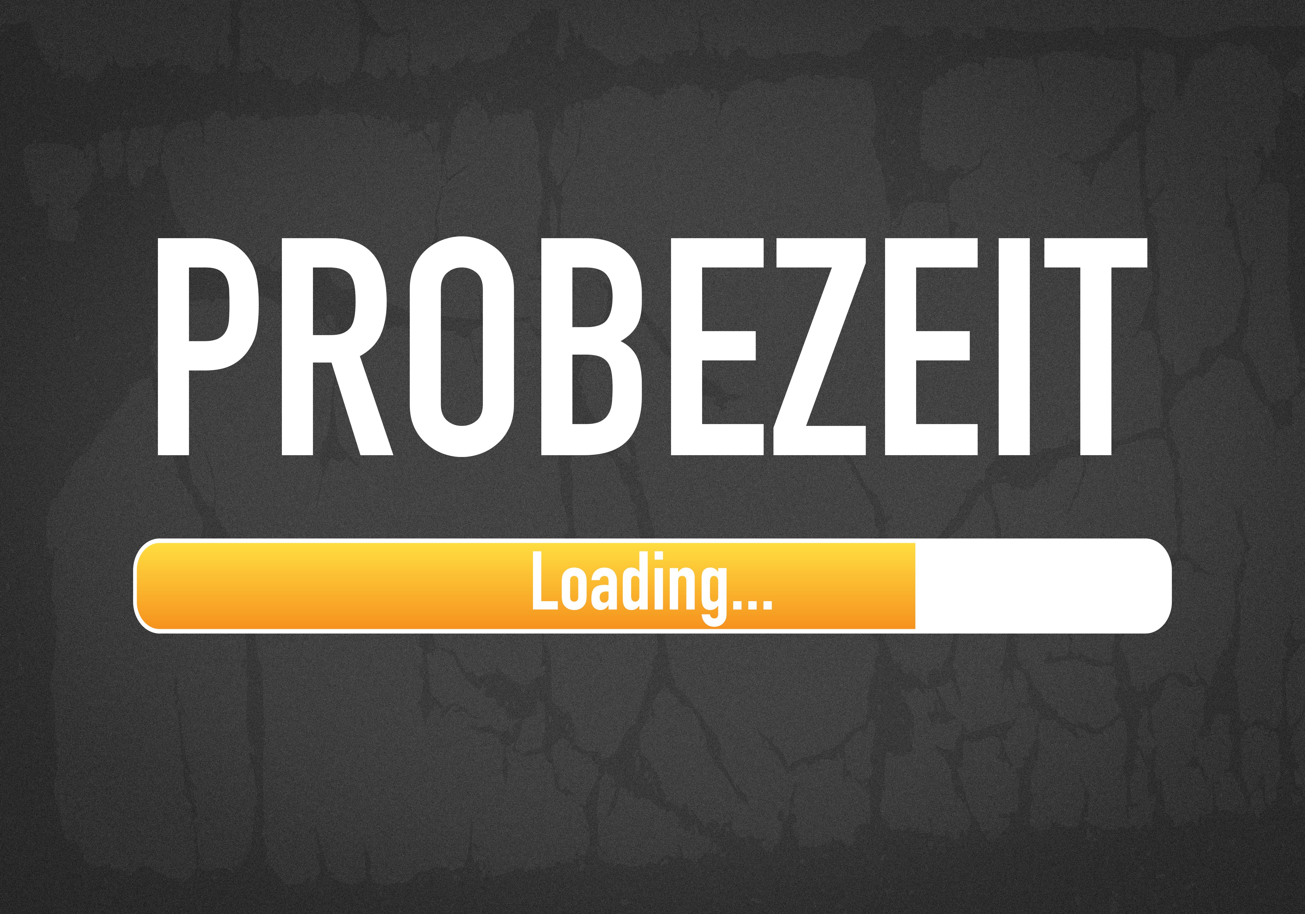 Schriftzug „Probezeit“ mit teilweise gefülltem Ladebalken
