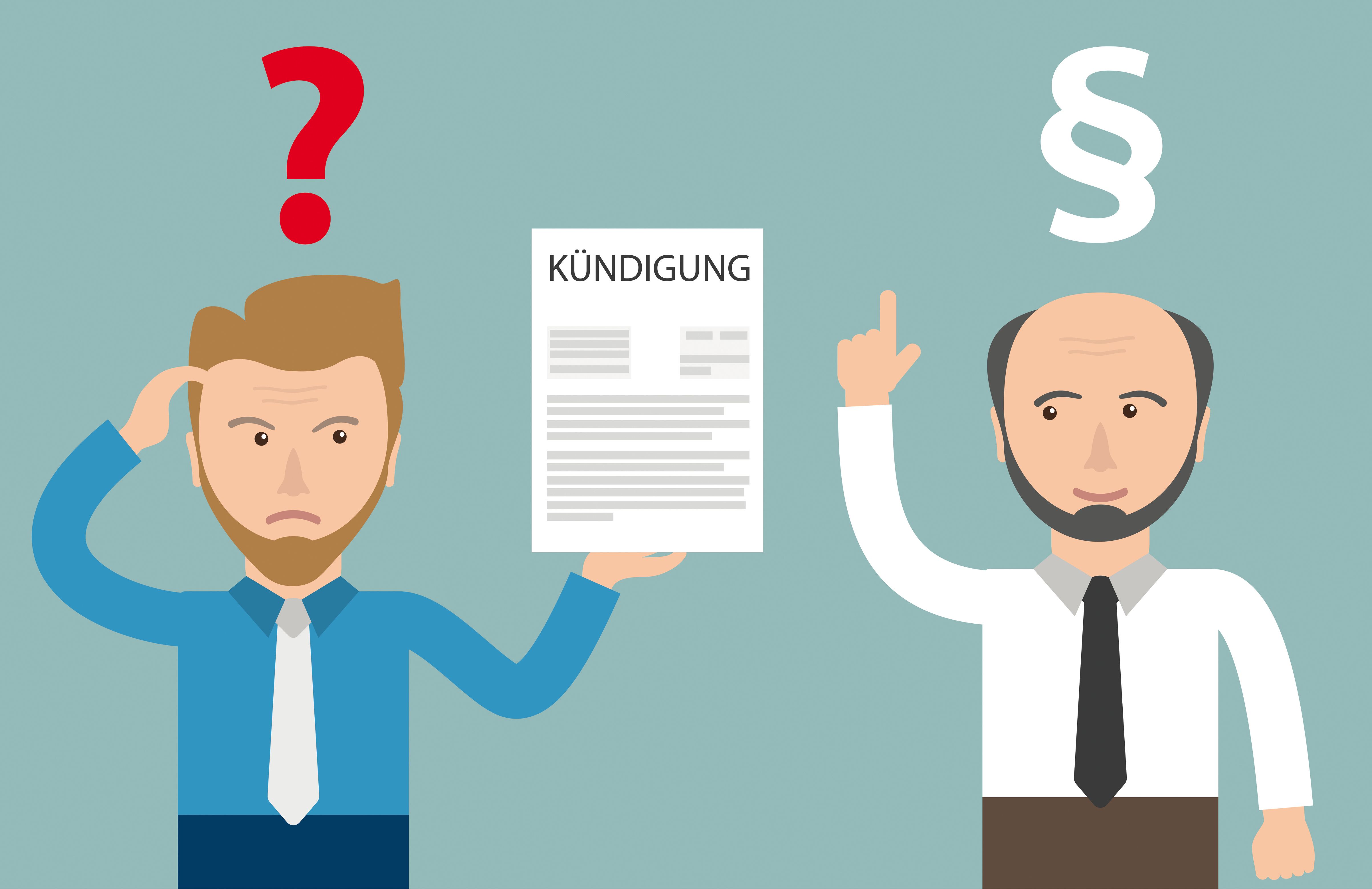 Illustration eines Arbeitnehmers mit Kündigungsschreiben und eines Arbeitgebers – Symbolbild zu Rechten und Kündigung beim befristeten Arbeitsvertrag.