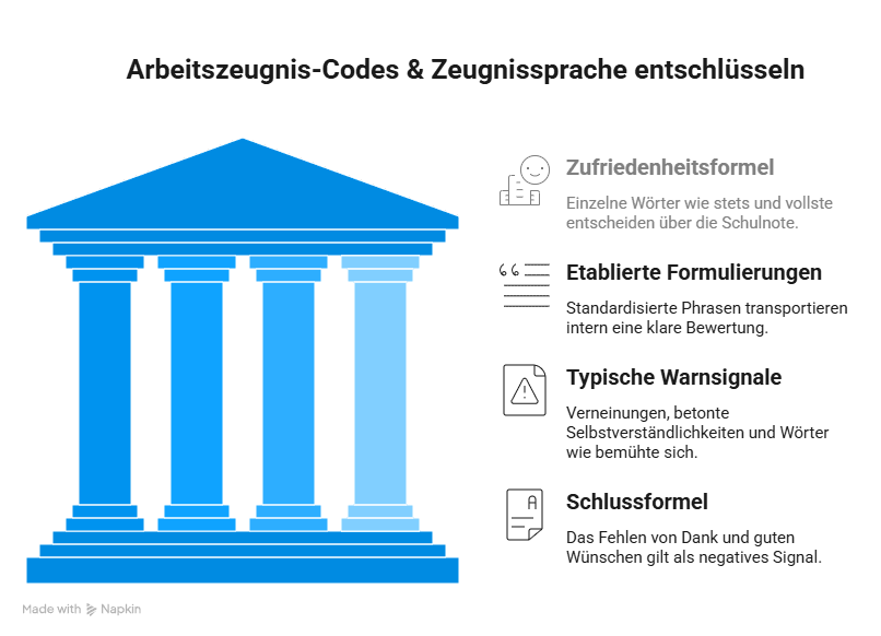 Infografik zu Arbeitszeugnis-Codes mit den wichtigsten Elementen der Zeugnissprache: Zufriedenheitsformel, typische Formulierungen, Warnsignale und Schlussformel.