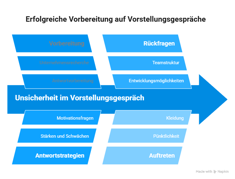 Infografik zu den häufigsten Fragen im Vorstellungsgespräch mit Tipps zur Vorbereitung, Antwortstrategien und erfolgreichen Bewerbungsgesprächen.