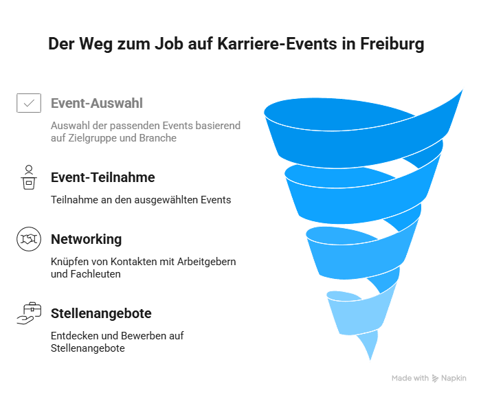 Infografik zum Ablauf der Jobsuche in Freiburg – von der Auswahl des Karriere-Events über Networking bis zur Bewerbung auf Stellenangebote