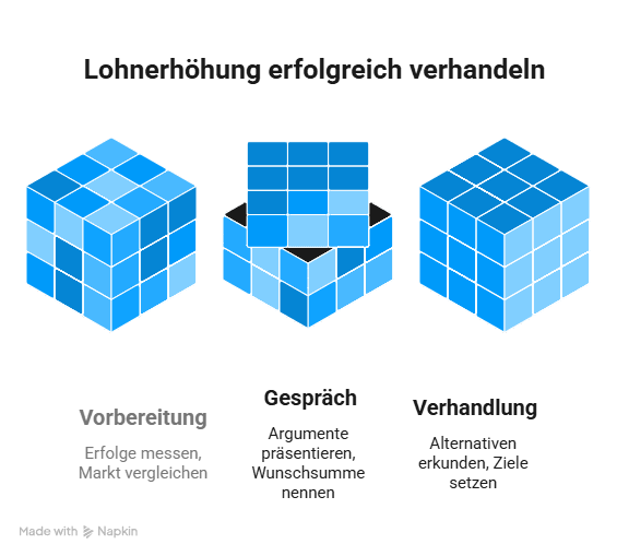 Infografik zur erfolgreichen Gehaltsverhandlung für Quereinsteiger in der Pflege mit den Schritten Vorbereitung, Gespräch und Verhandlung