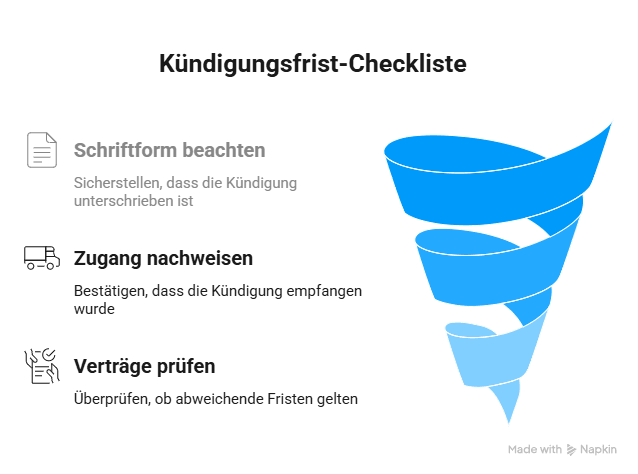 Infografik mit Checkliste zur Kündigungsfrist: Schriftform beachten, Zugang nachweisen und vertragliche Fristen prüfen