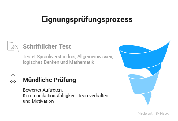 Infografik zum Eignungsprüfungsprozess mit schriftlichem Test und mündlicher Prüfung
