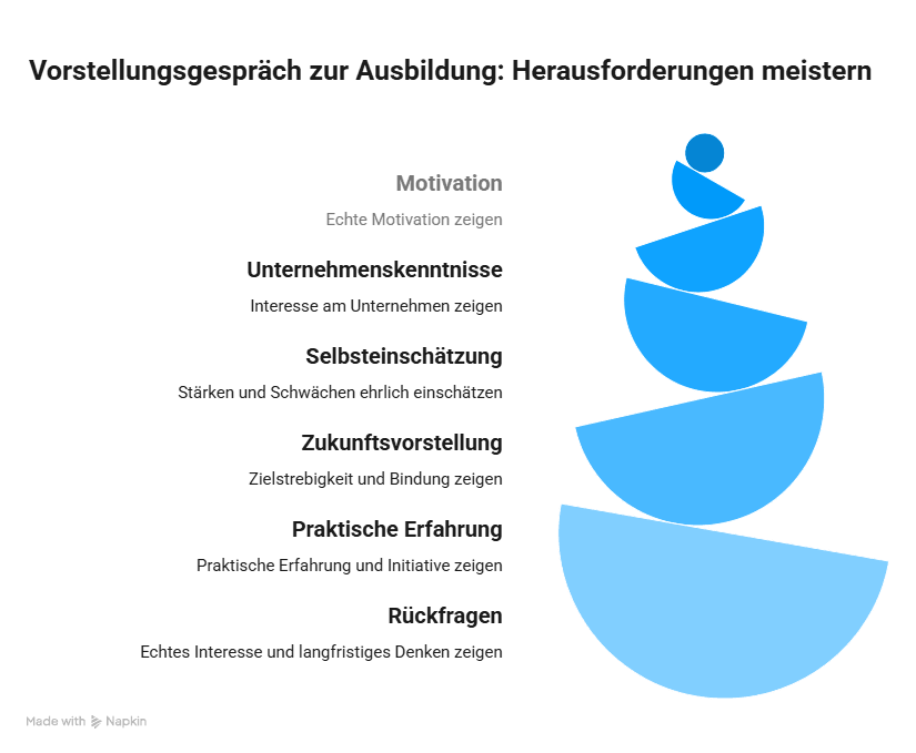 Infografik zum Vorstellungsgespräch für die Ausbildung mit den wichtigsten Themen wie Motivation, Unternehmenskenntnisse, Stärken und Schwächen, Zukunftsvorstellungen und Rückfragen.