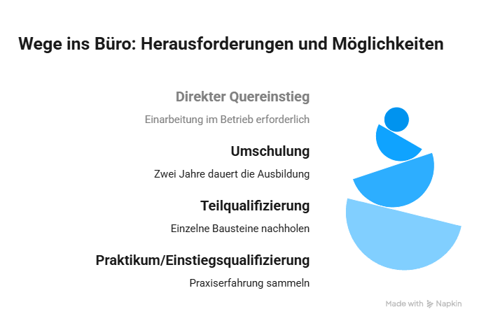Infografik zu vier Wegen ins Büro: direkter Quereinstieg, Umschulung, Teilqualifizierung und Praktikum