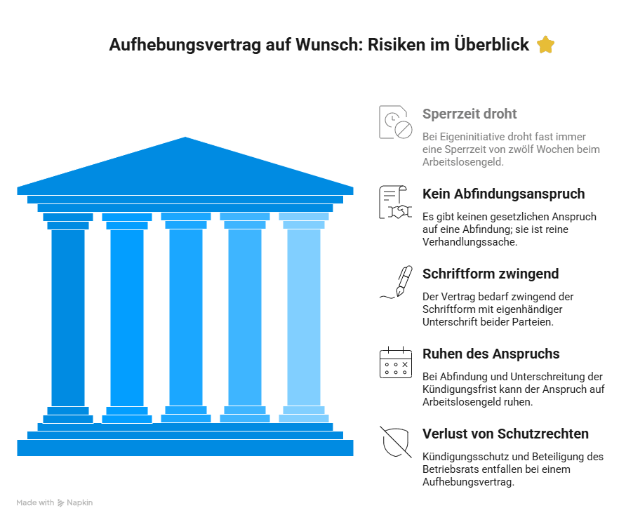 Infografik zu den wichtigsten Risiken eines Aufhebungsvertrags auf Wunsch des Arbeitnehmers: Sperrzeit beim Arbeitslosengeld, kein Abfindungsanspruch, Schriftform, Ruhen des Anspruchs und Verlust von Schutzrechten.