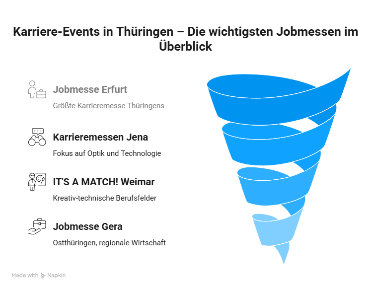 Infografik zu den wichtigsten Karriere-Events in Thüringen mit Jobmesse Erfurt, Karrieremessen Jena, IT'S A MATCH! Weimar und Jobmesse Gera im Karriere-Trichter.