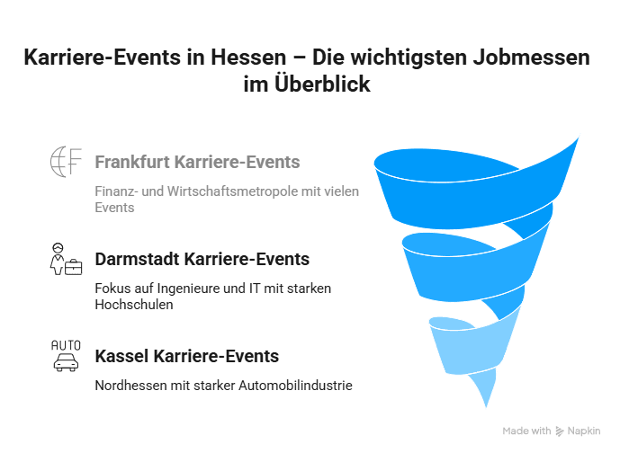 Infografik mit den wichtigsten Karriere-Events in Hessen: Jobmessen in Frankfurt, Karrieremessen in Darmstadt und Karriere-Events in Kassel im Überblick.