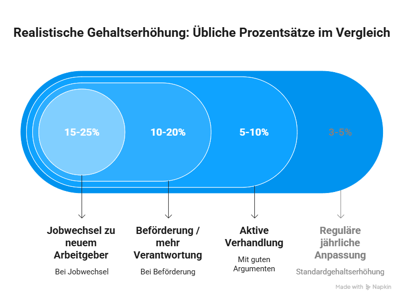 Infografik mit realistischen Gehaltserhöhungen von 3 bis 25 Prozent bei regulärer Anpassung, Gehaltsverhandlung, Beförderung und Jobwechsel.