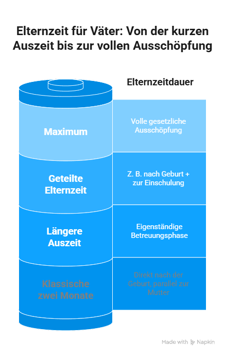Infografik mit Beispielen zur Dauer und flexiblen Aufteilung der Elternzeit für Väter.