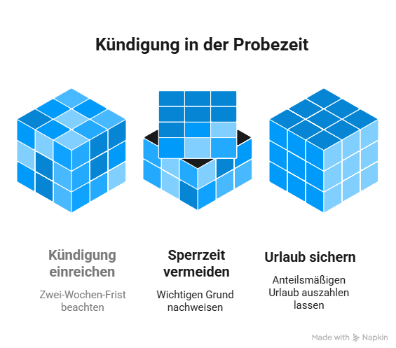 Infografik zur Kündigung in der Probezeit mit Hinweisen zur Zwei-Wochen-Frist, Vermeidung einer Sperrzeit und Sicherung des Urlaubsanspruchs