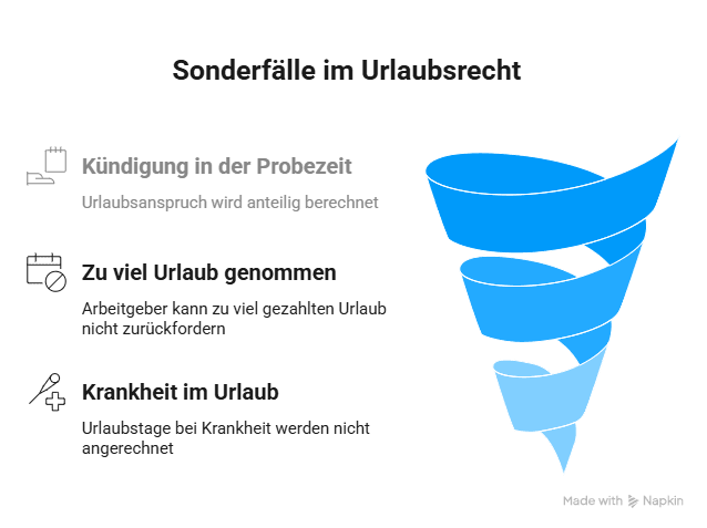 Infografik zu Sonderfällen im Urlaubsrecht: Kündigung in der Probezeit, zu viel genommener Urlaub und Krankheit im Urlaub