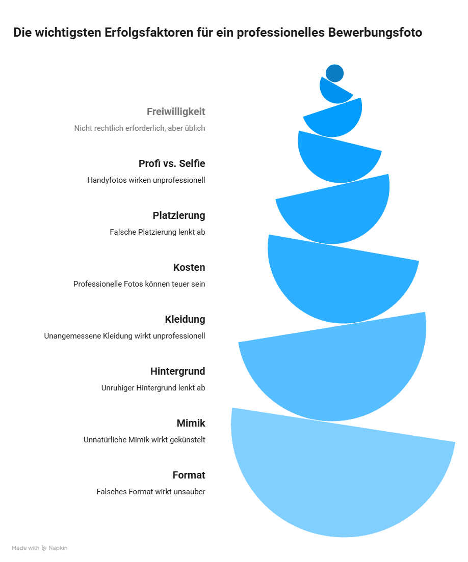 Infografik mit den wichtigsten Faktoren für ein professionelles Bewerbungsfoto – Kleidung, Hintergrund, Mimik, Format, Platzierung und Qualität