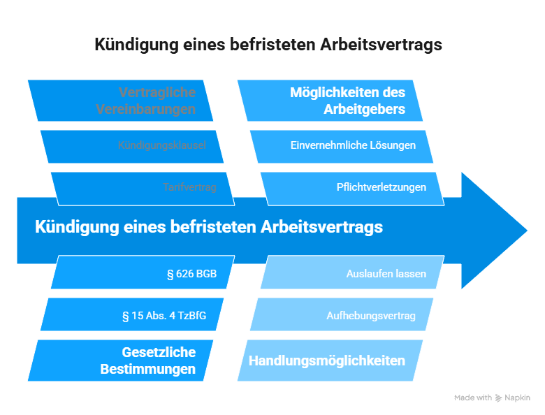 Infografik zur Kündigung eines befristeten Arbeitsvertrags mit Übersicht zu Kündigungsklausel, Tarifvertrag, § 15 TzBfG, § 626 BGB, Aufhebungsvertrag und möglichen Alternativen zur vorzeitigen Beendigung.