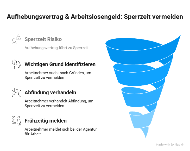 Infografik zum Aufhebungsvertrag und Arbeitslosengeld mit den Schritten: Sperrzeit-Risiko erkennen, wichtigen Grund nachweisen, Abfindung verhandeln und sich frühzeitig bei der Agentur für Arbeit melden.