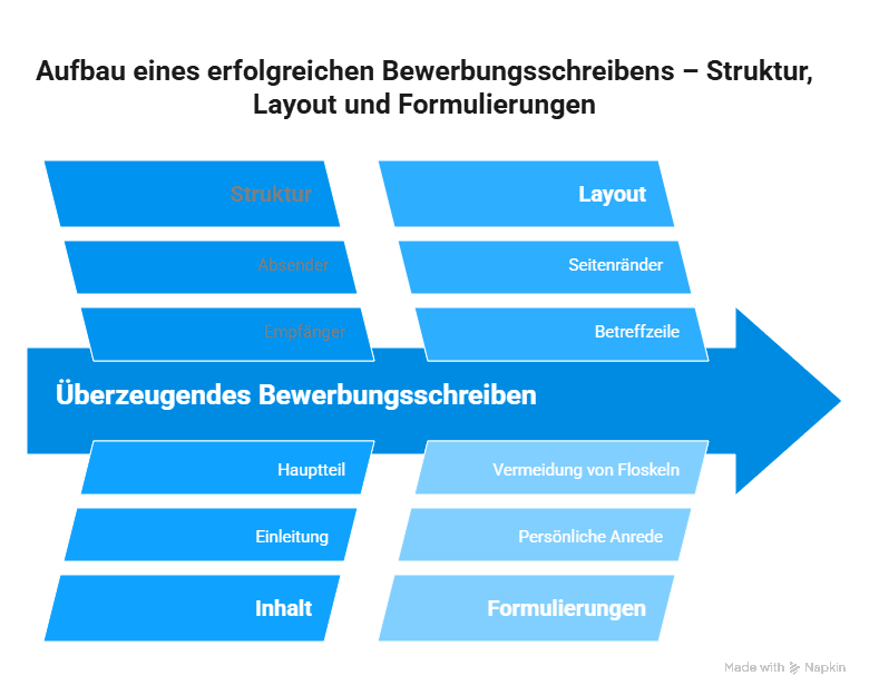 Infografik zum Aufbau eines überzeugenden Bewerbungsschreibens mit Struktur, Layout, Einleitung, Hauptteil, Betreffzeile und Formulierungen