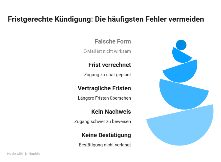 Infografik zu den häufigsten Fehlern bei einer fristgerechten Kündigung – falsche Form, Fristberechnung, vertragliche Fristen, Nachweis und Bestätigung.