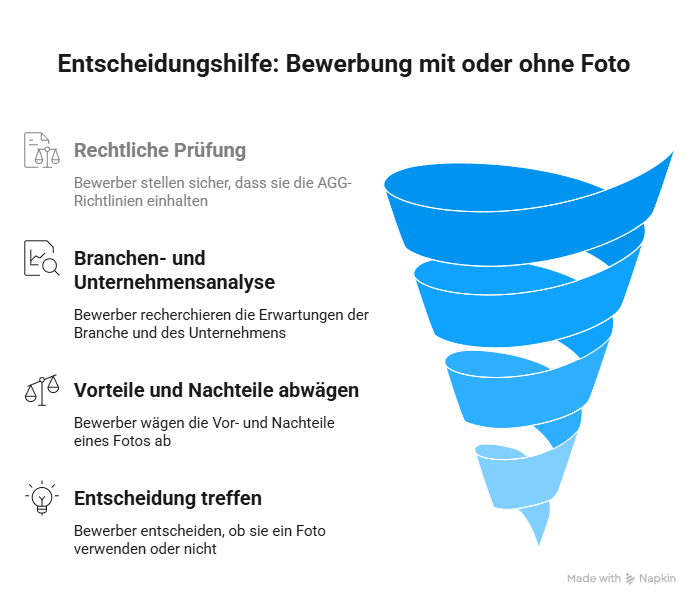 Infografik zur Entscheidung, ob eine Bewerbung mit oder ohne Foto sinnvoll ist – rechtliche Vorgaben, Branchenanforderungen sowie Vor- und Nachteile im Überblick.