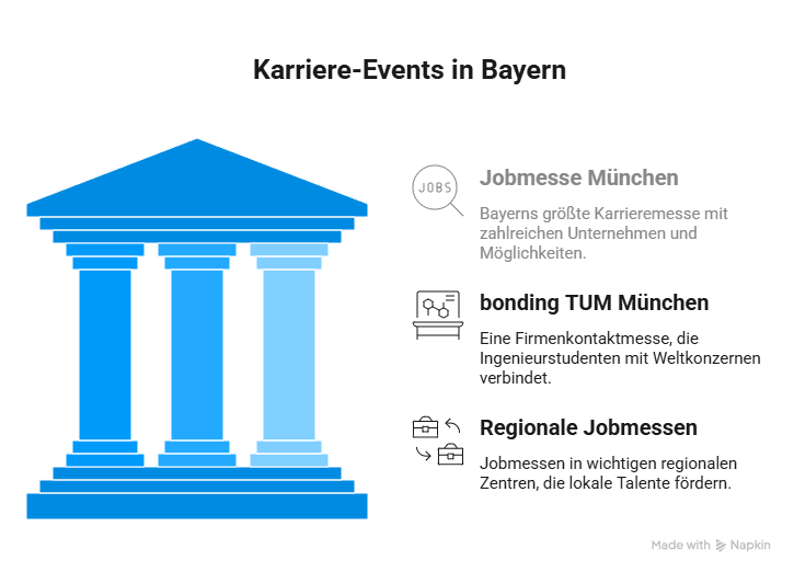 Infografik mit den wichtigsten Karriere-Events in Bayern: Jobmesse München, bonding TUM München und regionale Jobmessen in Nürnberg, Augsburg, Würzburg und Regensburg.