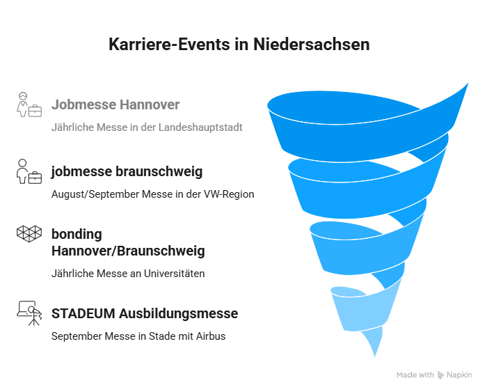 Infografik mit den wichtigsten Karriere-Events in Niedersachsen: Jobmesse Hannover, jobmesse braunschweig, bonding Hannover/Braunschweig und STADEUM Ausbildungsmesse in Stade.