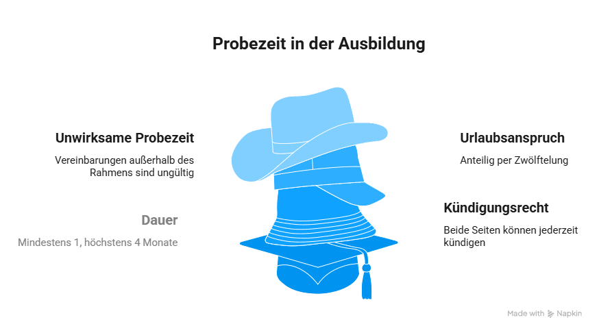 Infografik zur Probezeit in der Ausbildung mit Angaben zu Dauer, Urlaubsanspruch, Kündigungsrecht und unwirksamen Vereinbarungen