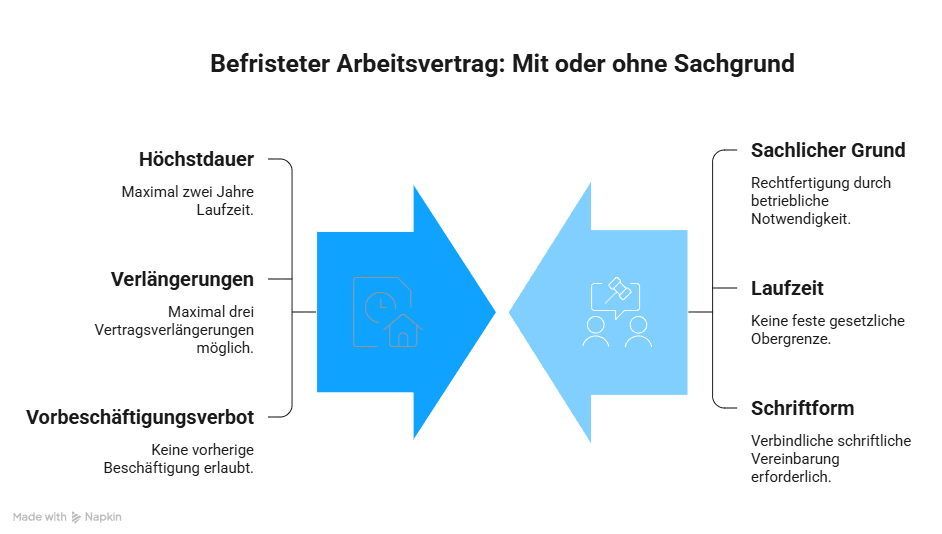 Infografik zu den Regeln für befristete Arbeitsverträge mit und ohne Sachgrund – Übersicht zu Höchstdauer, Verlängerung, Vorbeschäftigungsverbot und Schriftform.