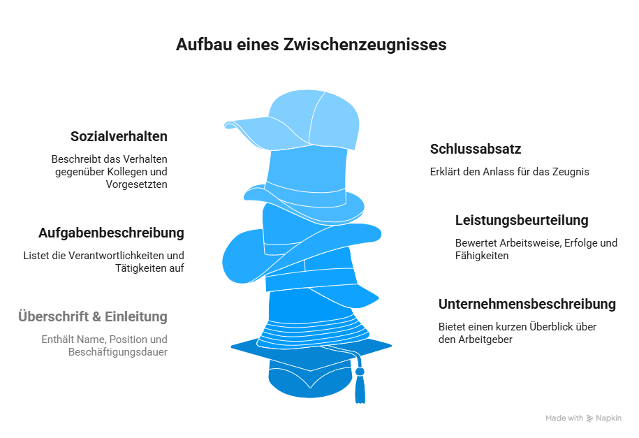 Infografik zum Aufbau eines Zwischenzeugnisses mit den Bestandteilen Überschrift und Einleitung, Unternehmensbeschreibung, Aufgabenbeschreibung, Leistungsbeurteilung, Sozialverhalten und Schlussabsatz