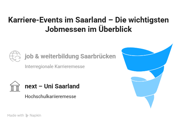 Infografik zu den wichtigsten Karriere-Events im Saarland mit job & weiterbildung Saarbrücken und next – Uni Saarland im Karriere-Trichter-Modell.