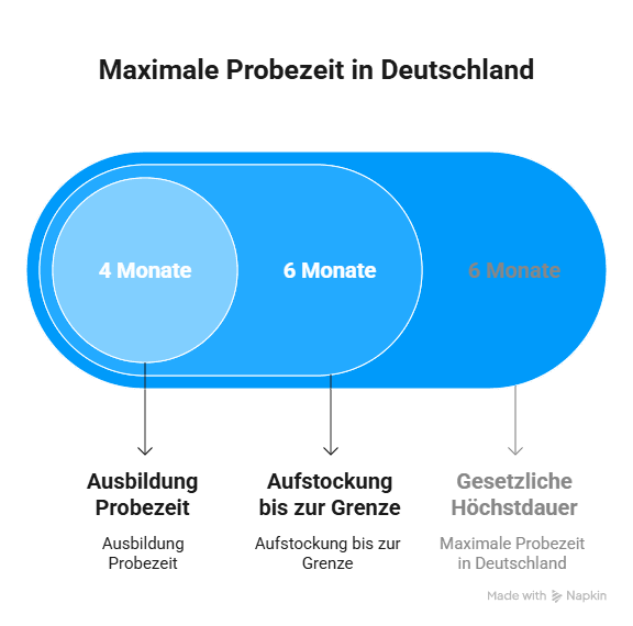 Infografik zur maximalen Probezeit in Deutschland mit Vergleich zwischen Probezeit in der Ausbildung (4 Monate), Aufstockung bis 6 Monate und gesetzlicher Höchstdauer von 6 Monaten.