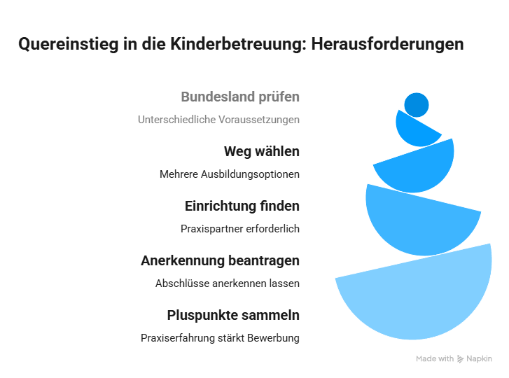 Infografik zu den Herausforderungen beim Quereinstieg in die Kinderbetreuung: Voraussetzungen prüfen, Ausbildungsweg wählen, Einrichtung finden, Anerkennung beantragen und Praxiserfahrung sammeln