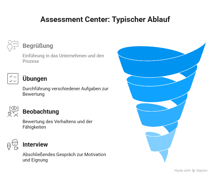 Infografik zum Ablauf eines Assessment Centers mit den Phasen Begrüßung, Übungen, Beobachtung und abschließendem Interview.