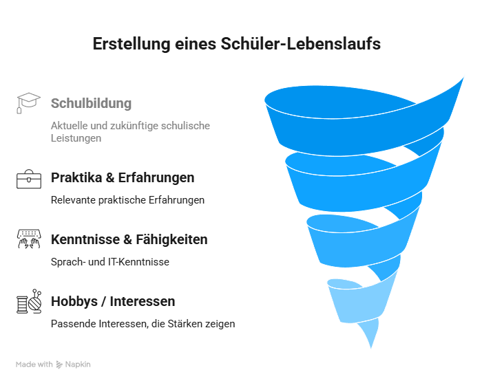 Infografik zum Aufbau eines Schüler-Lebenslaufs mit den Bereichen Schulbildung, Praktika, Kenntnisse sowie Hobbys und Interessen.