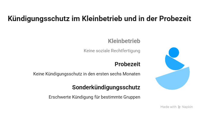 Infografik zum Kündigungsschutz in Kleinbetrieben und während der Probezeit sowie zum Sonderkündigungsschutz