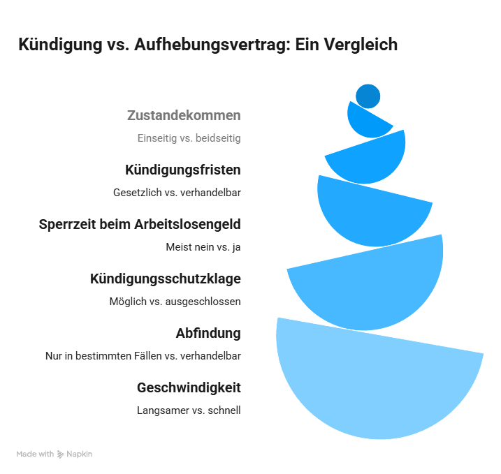 Infografik zum Vergleich von Kündigung und Aufhebungsvertrag mit den Themen Zustandekommen, Kündigungsfristen, Sperrzeit, Kündigungsschutzklage, Abfindung und Geschwindigkeit