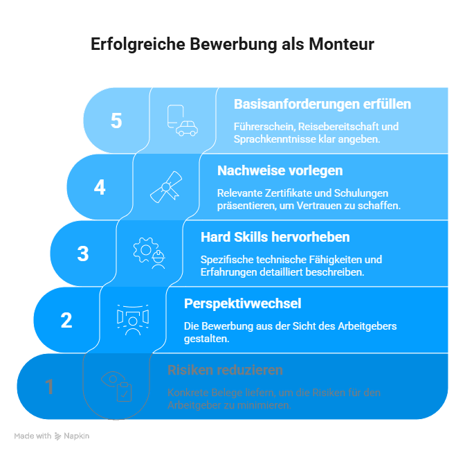 Grafik „Erfolgreiche Bewerbung als Monteur“ mit fünf Schritten: Risiken reduzieren, Perspektivwechsel, Hard Skills hervorheben, Nachweise vorlegen und Basisanforderungen erfüllen.
