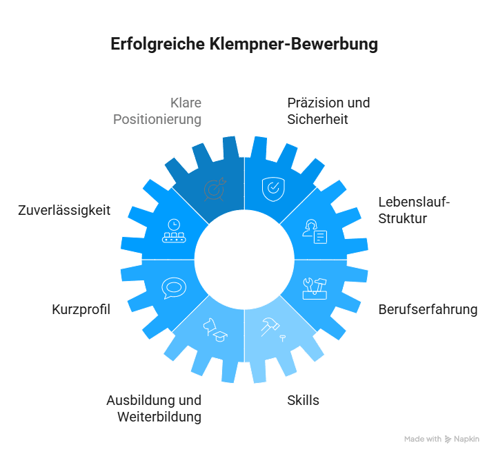 Infografik zur erfolgreichen Klempner-Bewerbung mit Faktoren wie Positionierung, Präzision, Lebenslauf, Erfahrung, Skills und Zuverlässigkeit.
