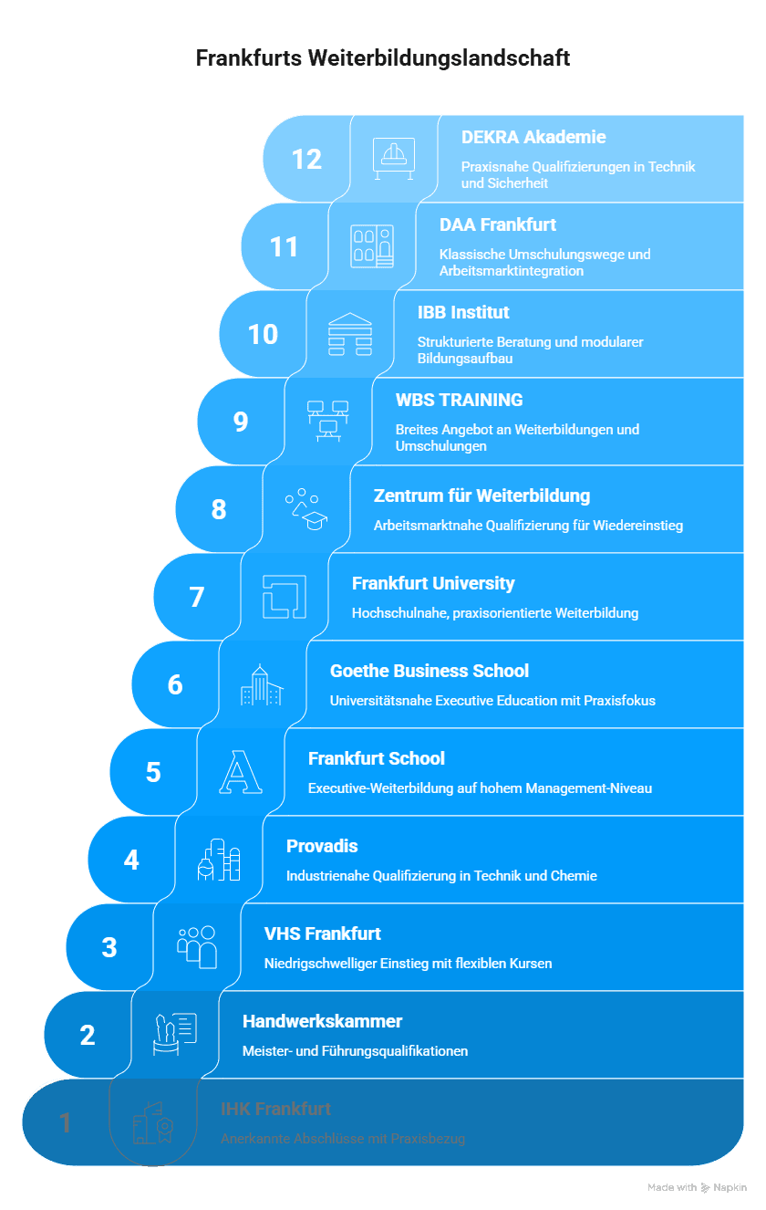 Infografik zu Frankfurts Weiterbildungslandschaft mit Bildungsanbietern.