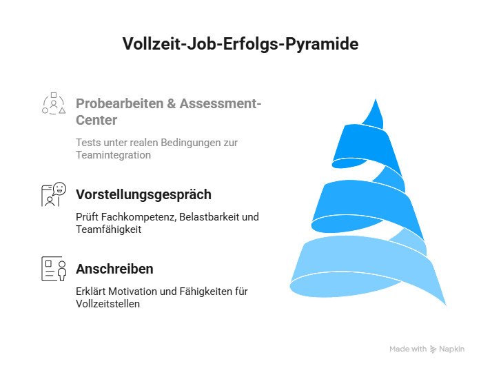 Grafik „Vollzeit-Job-Erfolgs-Pyramide“ mit drei Stufen: Anschreiben, Vorstellungsgespräch sowie Probearbeiten und Assessment-Center, dargestellt als blaue Pyramide.